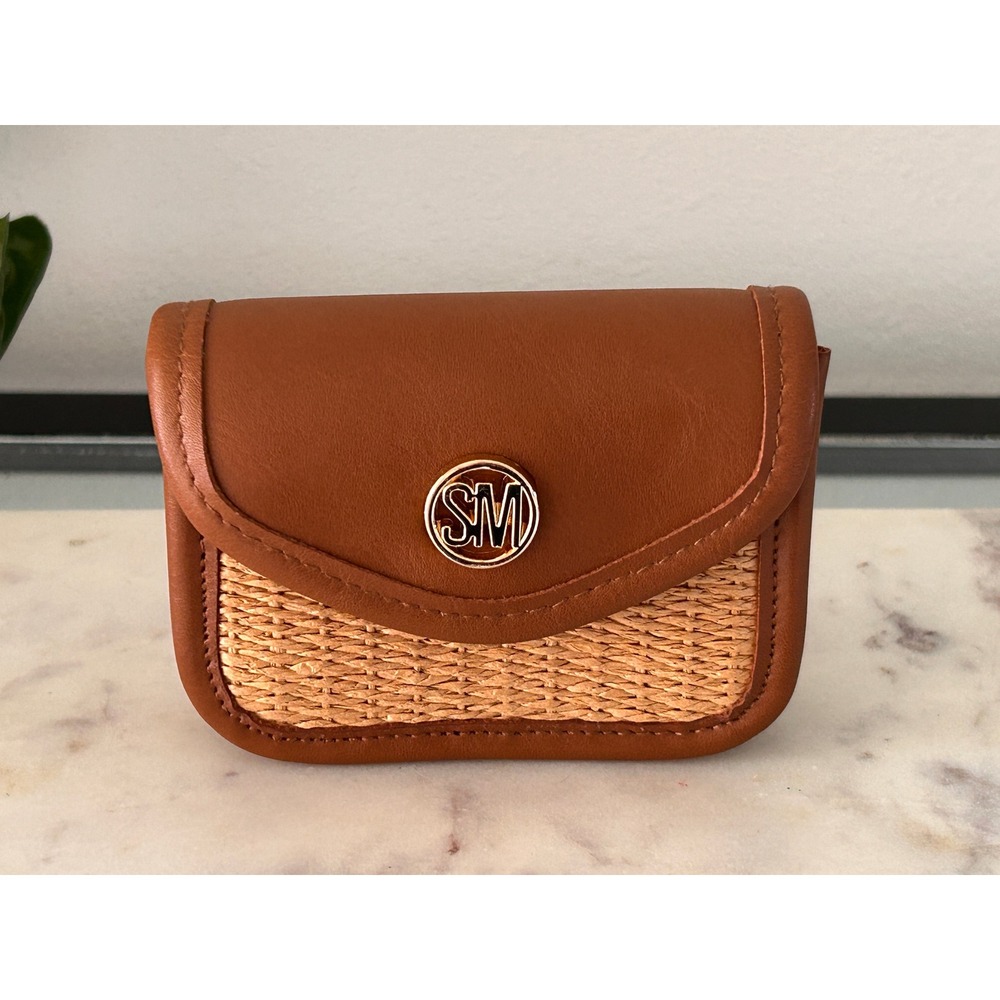Steve Madden Cognac Brown Faux Leather Woven Straw Mini Clip-On Pouch Bag